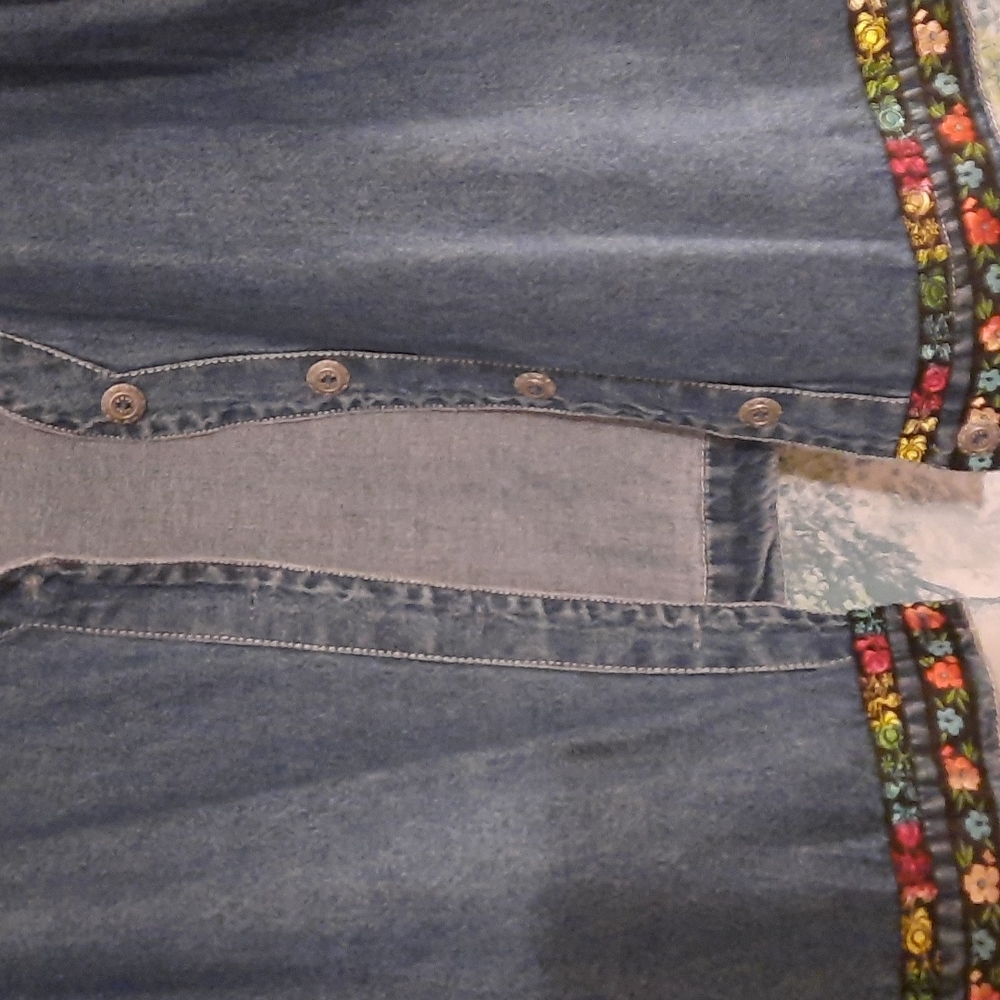 Agape denim button up boho shirt jacket short sleeve multi colored trim sz xl - Picture 6 of 7
